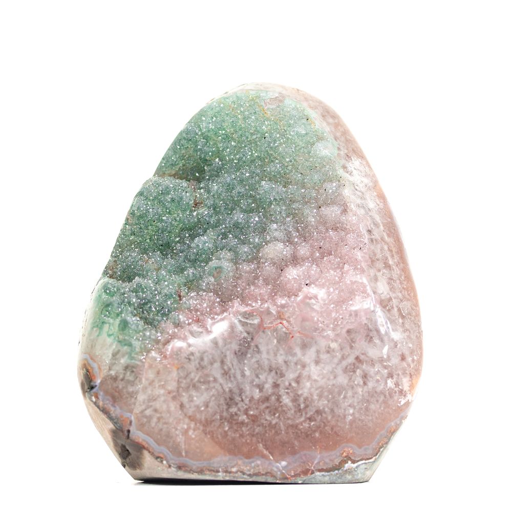 Polished agate geode, egg-shaped, with pale banding and a teal-tinted crystal cavity.