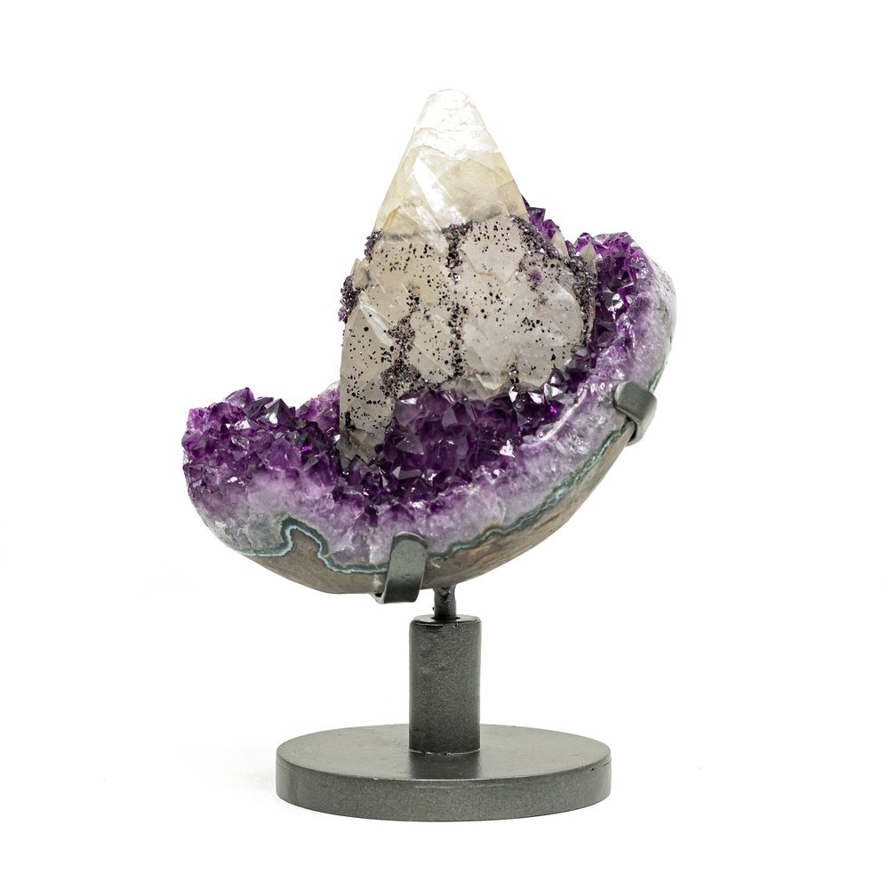 Amethyst geode with a band of tan calcite running through the crystal formation.